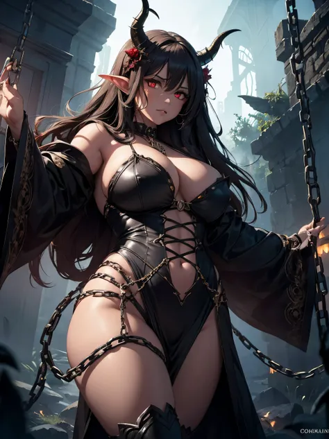 Fantasy, night, 4k, high detailed, Cinematic scene and lighting, a voluptuous succubus with horns and curvy body, hangs from a tree wrapped in chains, iron chains, bound, Hands are chained, heavy Iron chains, Hands tied, fearful look, angst, red eyes, shot...