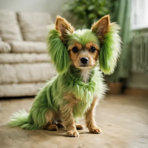 square small dog,(green color  fur),(long drooping ears),solo,very cute, animal  photo,(best quality:1.3),(masterpiece:1.2)