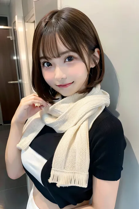 1girl in, extremely cute face,​masterpiece, top-quality, ultra-fine、colossal tits, brown hair,、scarf, 独奏, 裸scarf, bust, a smile,...