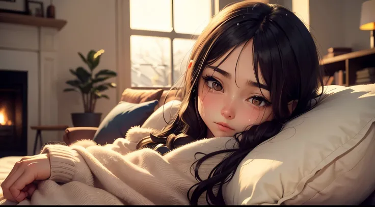 crying anime girl,beautiful detailed eyes,beautiful detailed lips,extremely detailed eyes and face,long eyelashes,sleeping in a living room,near the window view,winter snow,soft blankets,warm lighting,snowflakes falling gently,peaceful atmosphere,comfortab...