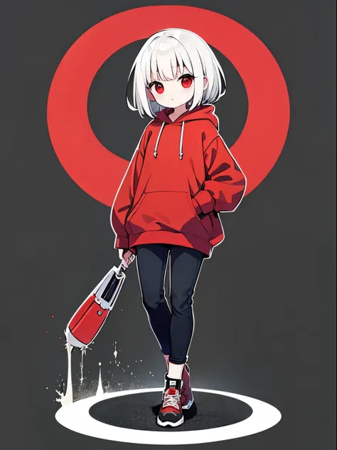 Red hoodie、Black jeans、white color hair、Full body standing picture、Red eyes、short-haired、girl with、cute little、1人