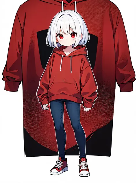 Red hoodie、Black jeans、white color hair、Full body standing picture、Red eyes、short-haired、girl with、cute little、Pure white background、1人