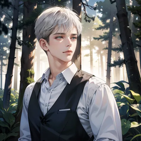 Masterpiece, high quality, best quality, HD, realistic, perfect lighting, detailed body, 1 man, white eyes, short hair, gray Hair, Gray white and black shirt , Forest background.