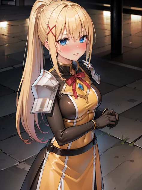 (in 8K, Raw photography, Best Quality, masutepiece: 1.2), high-definition RAW color photography, Professional Photography, Cinematic Light, (animesque: 1.2), a blond, ((ksdarkness, ponytail, x hair ornament, armor, shoulder armor, bodysuit, black gloves, Y...