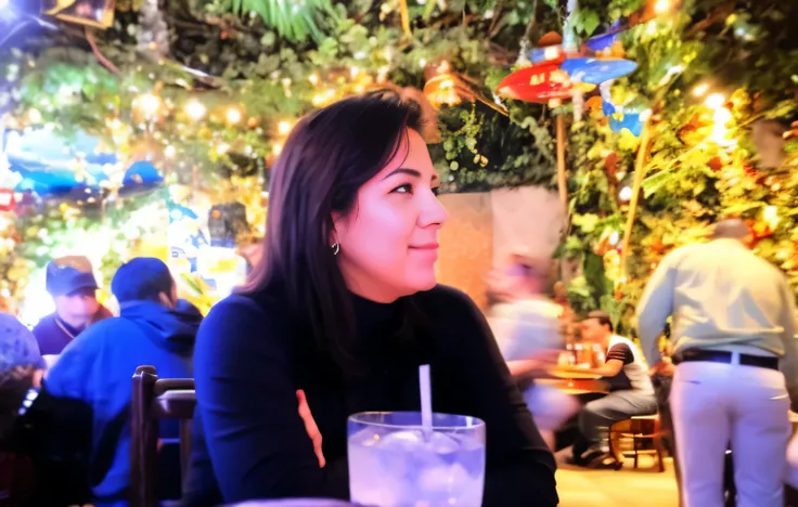 There is a woman sitting at a table with a drink in front of her, sentado em um bar, Sentado sem bar, taken in the late 2010s, Em um bar Tiki, Absorto em pensamentos, taken in the early 2020s, tiradas no final dos anos 2000, non blurry, ligeiramente desfoc...