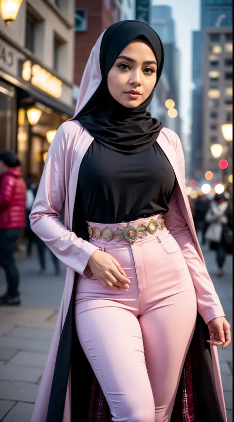 (Close up), RAW, Best quality, high resolution, masterpiece: 1.3), beautiful Malay woman in hijab, Masterpiece, perfect body, Big breasts, thick thighs, beautiful big eyes, mole under the eyes, long eyelashes, big eyes, Soft smile, woman in a pink hijab an...