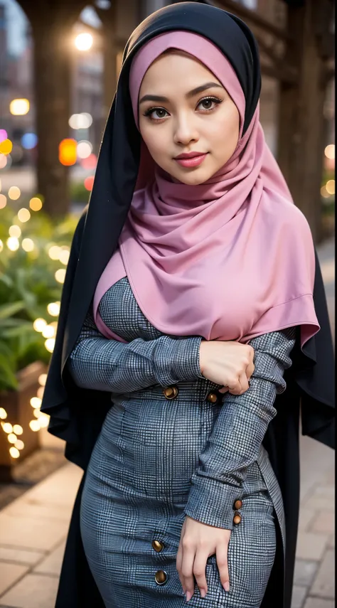 (Close up), RAW, Best quality, high resolution, masterpiece: 1.3), beautiful Malay woman in hijab, Masterpiece, perfect body, Big breasts, thick thighs, beautiful big eyes, mole under the eyes, long eyelashes, big eyes, Soft smile, woman in a pink hijab an...