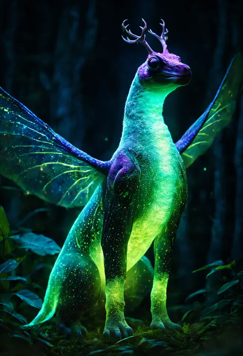 ((a giant glowing creature))，(Bio-luminescence)，iridescent，out of this world，Ethereal，uv，semi transparent，wild animals，natural，mistic，Big breasts are beautiful，The environment is dark，magical，creature design，A high resolution，8K，ultra - detailed，lamplight、...