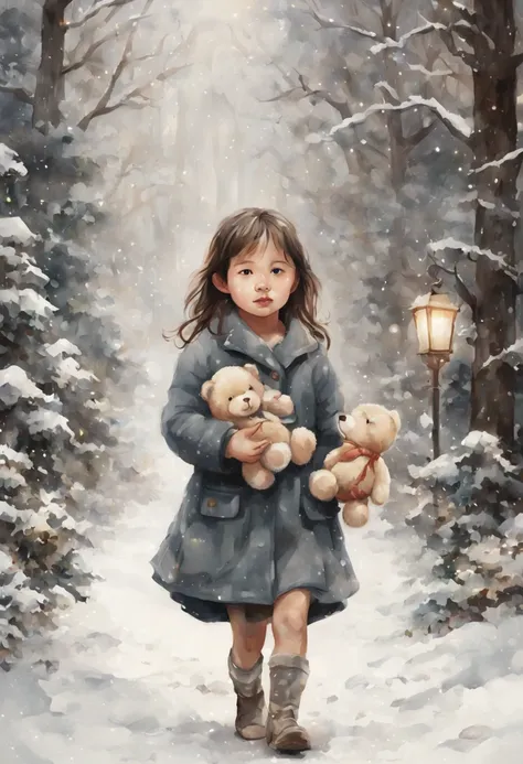 Delicate watercolor painting, An ultra beautiful three-year-old girl walks through the snow and carries a small teddy bear in her hands next to lights decorated with New Year&#39;s gifts and Christmas trees., digital-art, Pixel study, higly detailed, Gentl...