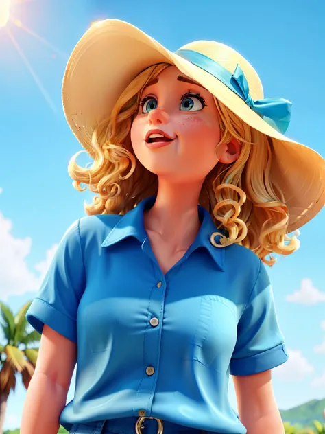 cartoon of a woman named Liz Legge, ((mouth open in wonder)), ((short_curly_blonde_hair), (blue_sun_hat), blue_shirt, highly detailed, masterpiece, very realistic