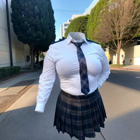 chubby, fat, school stripe tie, school tie, school uniform, plaid skirt, cute pose, lower body, (invisible, no humans, headless, faceless:1.5), (close-up to breasts), cute big breasts, (8k, RAW photo, best quality, masterpiece, high resolution, extremely d...