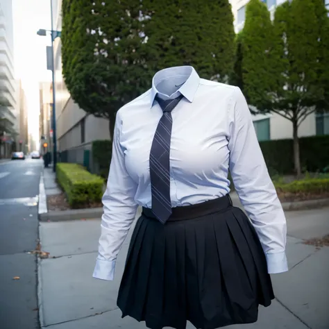 chubby, fat, school stripe tie, school tie, school uniform, plaid skirt, cute pose, lower body, (invisible, no humans, headless,...