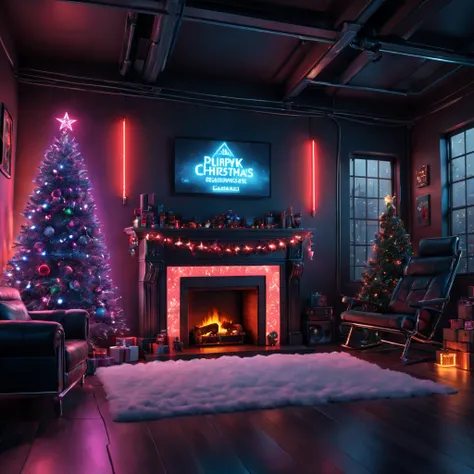 (best quality,4k,8k,highres,masterpiece:1.2),ultra-detailed,(realistic,photorealistic,photo-realistic:1.37),cyberpunk,Christmas-themed,living room,neon lights,punk elements,futuristic furniture,festive decorations,punk Christmas tree,ornaments,glowing,cybe...