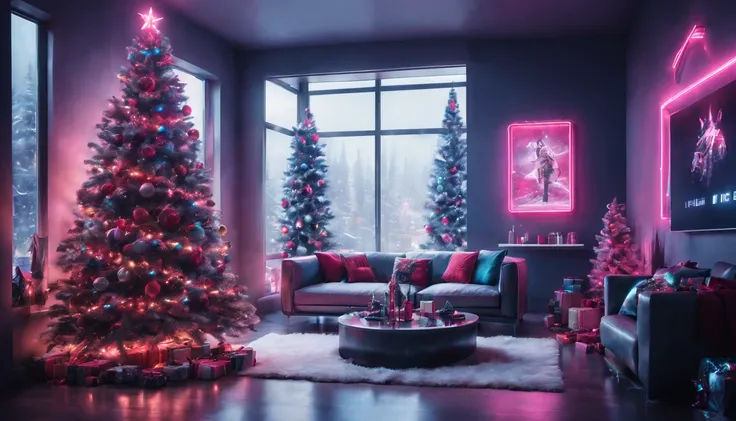 cyberpunk,Christmas-themed,living room,neon lights,punk elements,futuristic furniture,festive decorations,punk Christmas tree,ornaments,glowing,cybernetic implants,sleek,metallic surfaces,glass panels,reflective surfaces,punk-style fireplace,artificial sno...