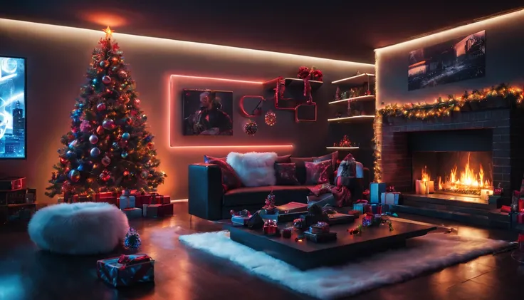 cyberpunk,Christmas-themed,living room,neon lights,punk elements,futuristic furniture,festive decorations,punk Christmas tree,ornaments,glowing,cybernetic implants,sleek,metallic surfaces,glass panels,reflective surfaces,punk-style fireplace,artificial sno...