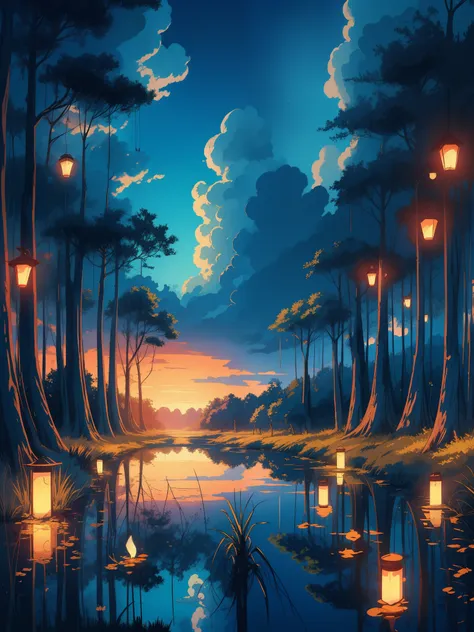 draw an anime aerial lofi ghibli style scene of marsh in the forest, tropical, evening, conceptual, reflection, lanterns, bald c...