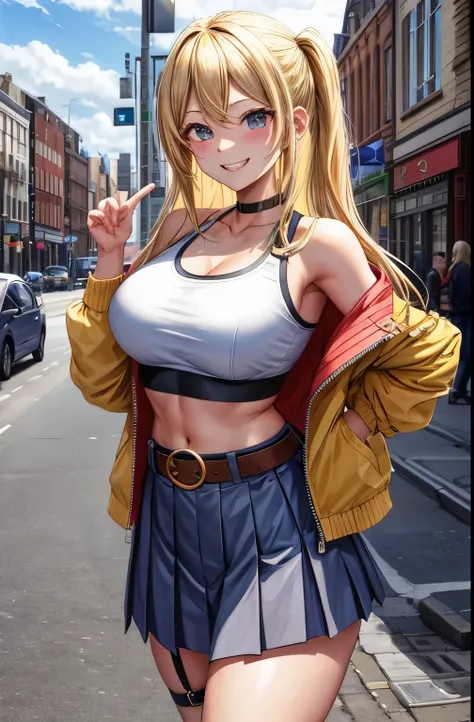 masterpiece, best quality, highres, lucy heartfilia, blonde hair, long hair, large breasts, jacket, crop top, bare shoulder, show stomach, belt, pleated skirt, cowboy shot, standing, looking at viewer, city road, outdoor, modern city road, blush, shy, smil...