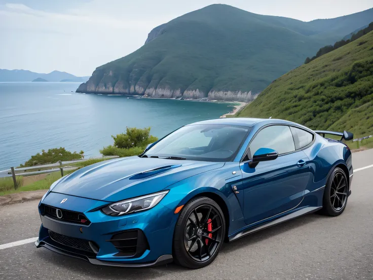 超A high resolution、An ultra-high picture quality、8K、Wonderful expression with attention to detail、early summer coastline、Blue sports car stopped on a mountain road ITSUBISHI Stallion 0GSR-X intercooler turbo　sports coupe