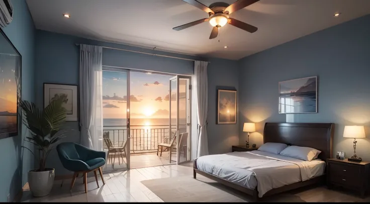 Modern elegant bedroom, Blue and white series, There are potted plants, Floor-to-ceiling windows, Outside the terrace is a beautiful sea view, setting sun.