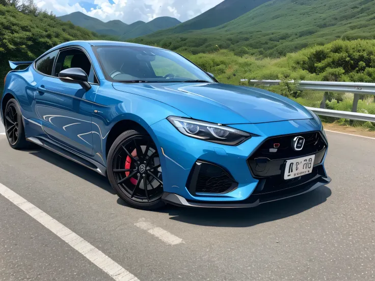 超A high resolution、An ultra-high picture quality、8K、Wonderful expression with attention to detail、early summer coastline、Blue sports car stopped on a mountain road ITSUBISHI Stallion 0GSR-X intercooler turbo　sports coupe