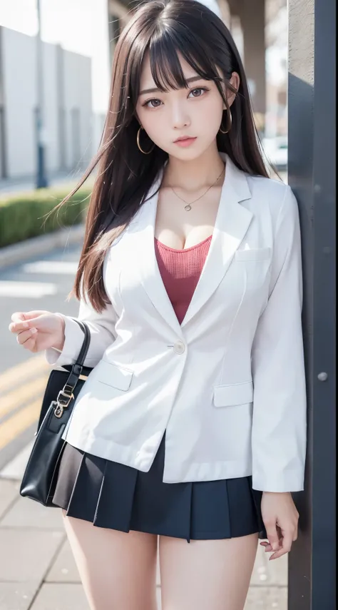 ((Best Quality)), ((masutepiece)), (Detailed), (highlight), Perfect face　Young girl with detailed face showing cleavage、Red eyes and long, thick, glossy, beautiful black hair with blunt bangs、Single-color background、Standing wearing school uniform with bla...