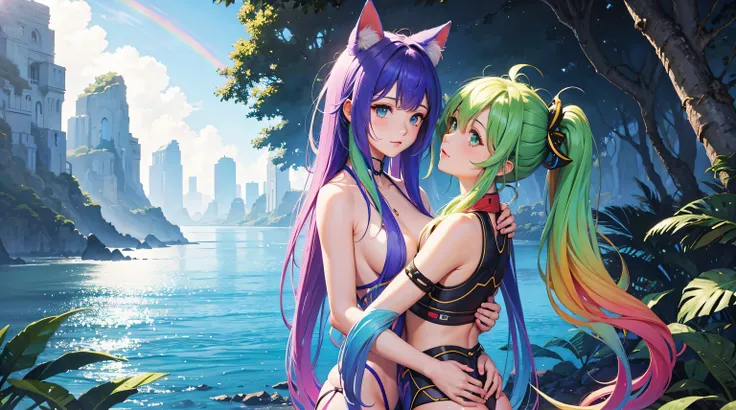 a beautiful female, 2 girls, rainbow tentacles, lake, rainbow color, cat ears, rainbow hair, stylish hair, mechanical wings, fantasy, jungle, closeup, alien planet, nature, wildernes, beach, palmtreas, fruit, lens flare, ancient ruins, closeup, no pants, m...