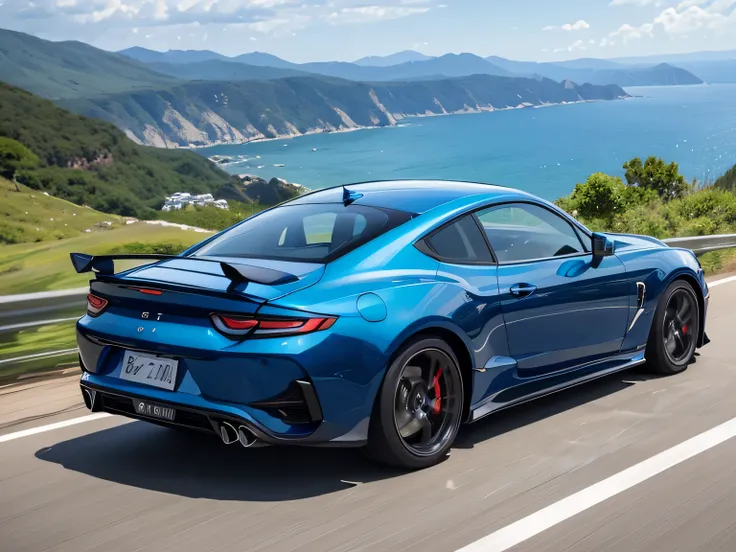 超A high resolution、An ultra-high picture quality、8K、Wonderful expression with attention to detail、early summer coastline、Blue sports car stopped on a mountain road ITSUBISHI Stallion 0GSR-X intercooler turbo　sports coupe