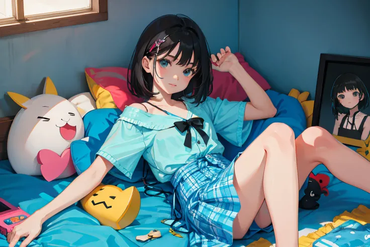 child，（​masterpiece，Highest Quality），turquoise short sleeve shirt，Plaid mini skirt，A dark-haired，Semi-long，World of toys