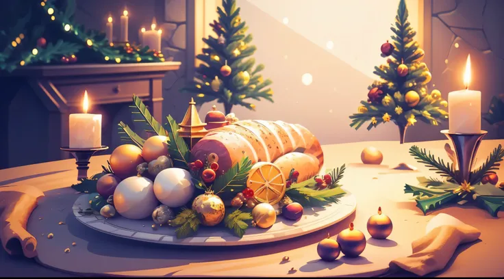 a {hyper realistic}, {best quality}, {8k}, {true life}, {masterpiece}, of a (((Lavish Christmas Feast))), ((low angle view)), turkey platter, ham platter, roast platter, berries, vegetables, fine cutlery, (golden goblets), (golden candle stands) ((bokeh ef...