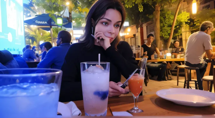 woman sitting at the table with a glass of water and a cell phone, verificando seu telefone, verificando o celular dela, looking distracted, candid shot, goddess verificando seu telefone, sentado em um bar, looking distracted and awkward, com uma bebida, s...