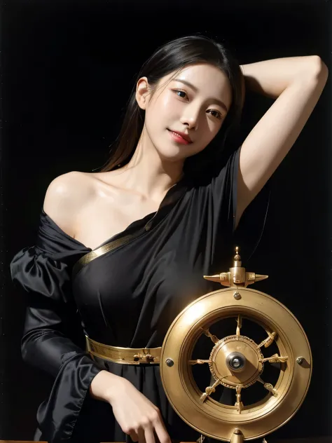 female mathematician,Ancient Greek costumes,Astronomical machinery,antique,A smile,,Sweet and seductive appearance.、Caravaggios paintings、Chiaroscuro of Caravaggio,,Cute smile, Expression of ecstasy,erotick,A sexy