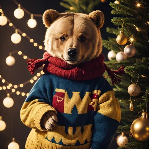 Bear wearing a Christmas sweater, Weihnachtsbaum im Hintergrund, Feuerwerk, scandi look, blue and gold