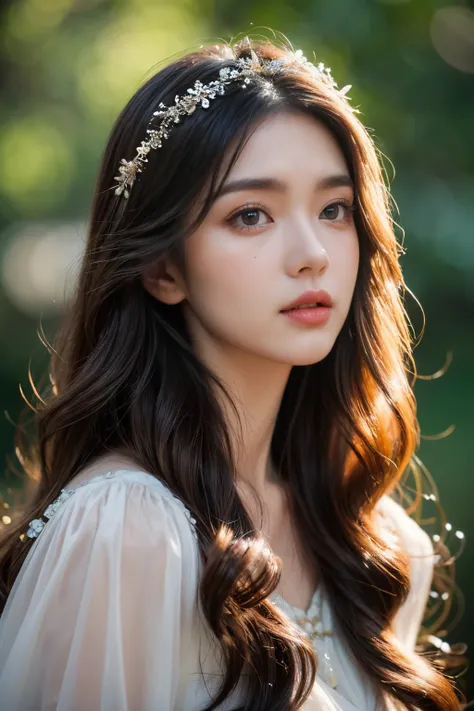 (best quality,8K,CG),detailed upper body,solitary girl,floral forest background,complex facial features,elegant long curly hair,almond-shaped big eyes,detailed eye makeup,long eyelashes,twinkling stars,exquisite lip details,soft and harmonious style.