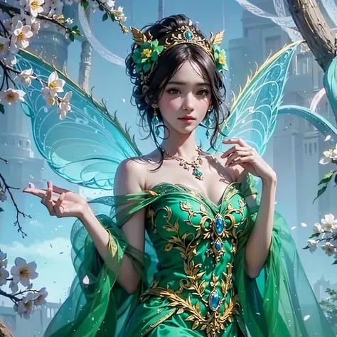 a fairy with gigantic breast in a green outfit posing in a garden, wearing an ornate outfit, wearing ornate clothing, wearing ornate silk clothes, inspired by Rudy Siswanto, traditional beauty, ornate attire, intricate silk clothing, ornate clothing, beaut...