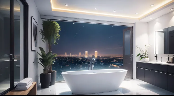 Modern elegant bathroom, white bathtub with legs,  Blue and white series, Floor-to-ceiling glass windows, There are potted plants, Outside the terrace outside the window is a beautiful city night view, Buildings, The lights are shining.