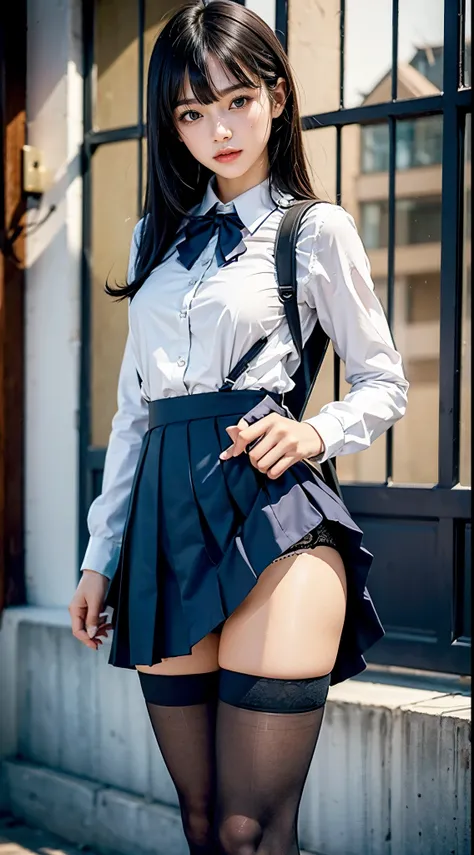 (((Dressing:1.8))), ((Dress up reliably:1.8)), (((pantie shot:1.8))), (((Show the camera everything about your panties:1.5))), ((Lifted skirt:1.8)), (((shool uniform:1.8, Dark blue mini skirt:1.5, white panties with a small area,:1.5, black over knee socks...