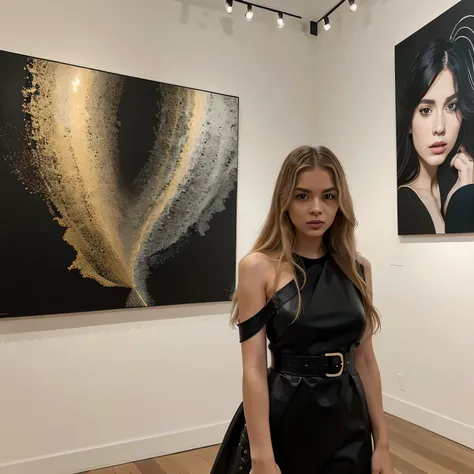 Aria, long blonde wavy hair, Setting: A modern art gallery with contemporary art pieces. Appearance: Wearing a chic, modern black dress with an avant-garde design. Expression: A contemplative gaze, reflecting deep appreciation of the art. Background: Surro...