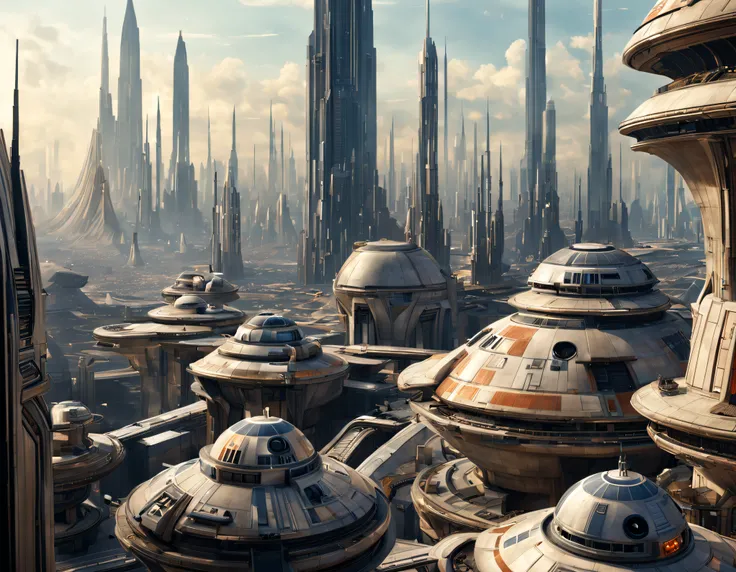 vista desde una terraza de la ciudad de coruscant de star wars, con sus inmensos edificios futuristas, (Design by Doug Chiang), intrincados detalles de la maquina de la mas alta calidad, estilo cinematografico, nitidez absoluta, imagen 8k.(obra maestra).