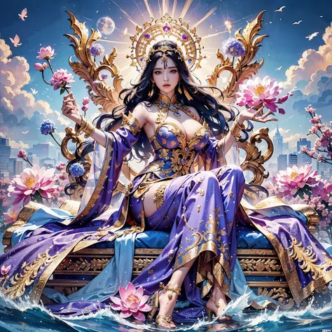 a goddess with gigantic breast in a purple outfit posing on the sky, wearing an ornate outfit, wearing ornate clothing, wearing ornate silk clothes, inspired by Rudy Siswanto, traditional beauty, ornate attire, intricate silk clothing, ornate clothing, lot...