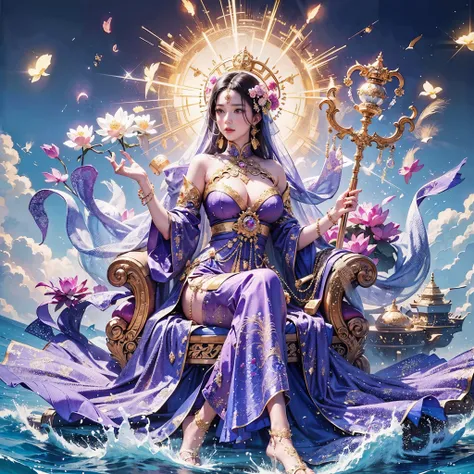 a goddess with gigantic breast in a purple outfit posing on the sky, wearing an ornate outfit, wearing ornate clothing, wearing ornate silk clothes, inspired by Rudy Siswanto, traditional beauty, ornate attire, intricate silk clothing, ornate clothing, lot...