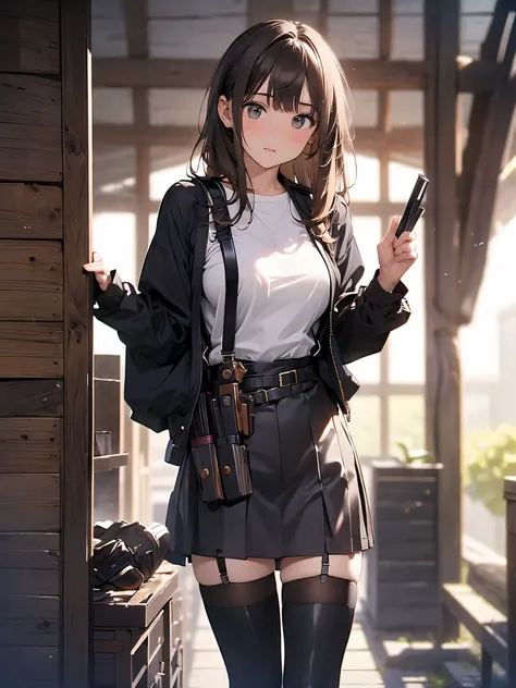 Brown hair、watching at viewers　　　black suspenders　　　Bulging big breasts　　 　 　　　walls: 　Black miniskirt　garters　　　　　　Gaze　　　Small face　bangss 　　　holster　　　Beautuful Women　　hands up　　レッグholster ベッドに横たわる　　Gaze 　black boots panty shot　provocation　flank　flank汗　...