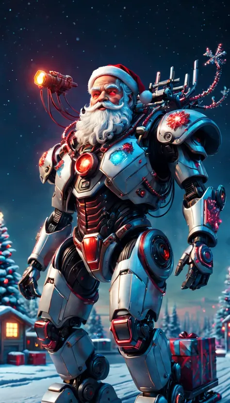 cybernetic Santa Claus, robotic arms with intricate details, futuristic exoskeleton suit, glowing red eyes, metallic beard and hair, advanced gift delivery , hovering sleigh with anti-gravity technology, neon lights illuminating the night sky, pixelated sn...