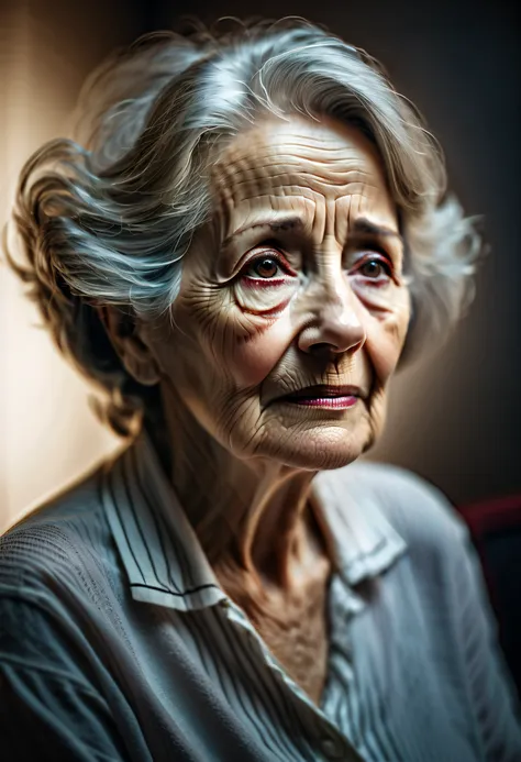 mulher de 70 anos ansiosa, cinema lighting, cinemactic, desenho, olhar triste.