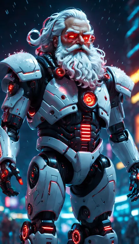 cybernetic Santa Claus, robotic arms with intricate details, futuristic exoskeleton suit, glowing red eyes, metallic beard and hair, neon lights illuminating the night sky, pixelated snowflakes falling, ultra-detailed, highres, HDR, physically-based render...