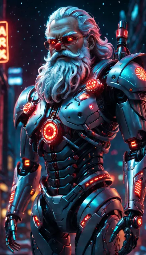 cybernetic Santa Claus, robotic arms with intricate details, futuristic exoskeleton suit, glowing red eyes, metallic beard and hair, neon lights illuminating the night sky, pixelated snowflakes falling, ultra-detailed, highres, HDR, physically-based render...