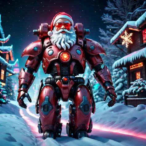 cybernetic Santa Claus, robotic arms with intricate details, futuristic exoskeleton suit, glowing red eyes, metallic beard and hair, advanced gift delivery , hovering sleigh with anti-gravity technology, neon lights illuminating the night sky, pixelated sn...