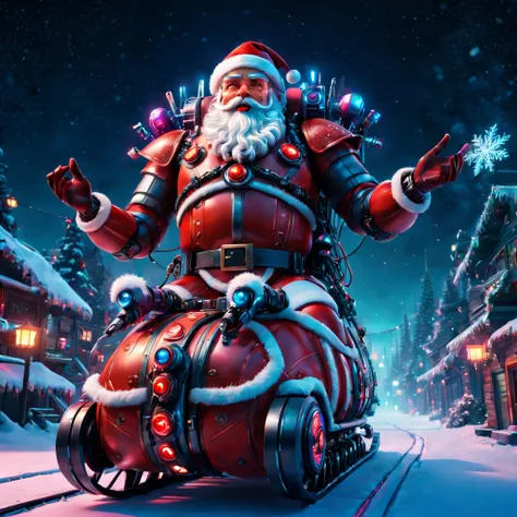 cybernetic Santa Claus, robotic arms with intricate details, futuristic exoskeleton suit, glowing red eyes, metallic beard and hair, advanced gift delivery , hovering sleigh with anti-gravity technology, neon lights illuminating the night sky, pixelated sn...