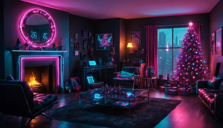 cyberpunk,Christmas-themed,living room,neon lights,punk elements,futuristic furniture,festive decorations,punk Christmas tree,ornaments,glowing,cybernetic implants,sleek,metallic surfaces,glass panels,reflective surfaces,punk-style fireplace,shimmering,pun...