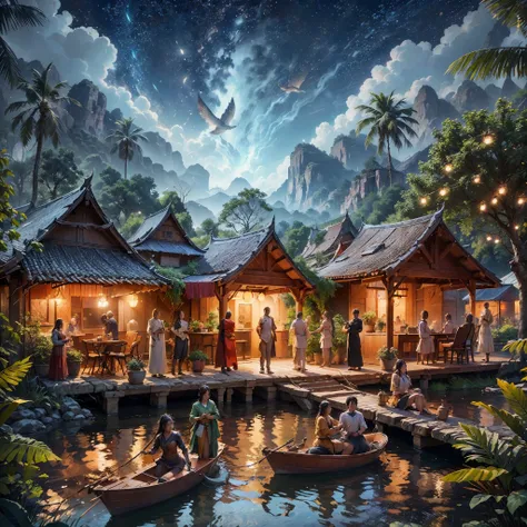 arafed scene of a river with a boat and people on it, thailand art, beautiful digital artwork, 4k highly detailed digital art, by Johfra Bosschart, traditional art, detailed fantasy digital art, 8k stunning artwork, fantasy scene, digital fantasy art ), or...