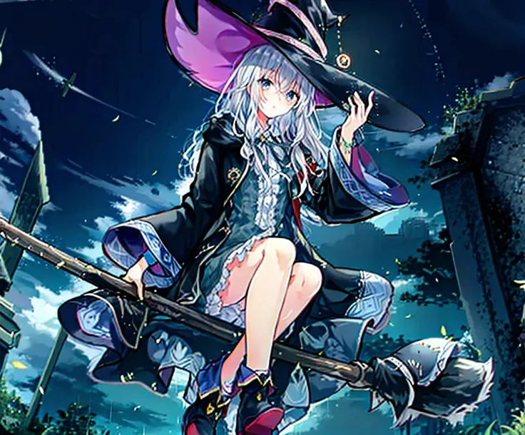 Anime girl sitting on a broom in front of the bell tower, astral the witch clothes, sky the witch, flirty anime the witch casting magic, the witch girl, bright the witch, the witch academia, the witch, classical the witch, from the girl, beautiful wizard, ...